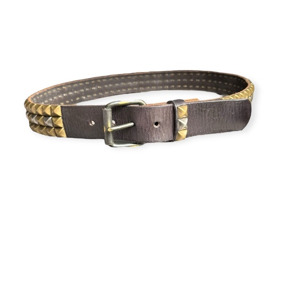 3 Row Two-Tone Pyramid Studded Brown Genuine Leather Belt, Men’s XL - Picture 1 of 6